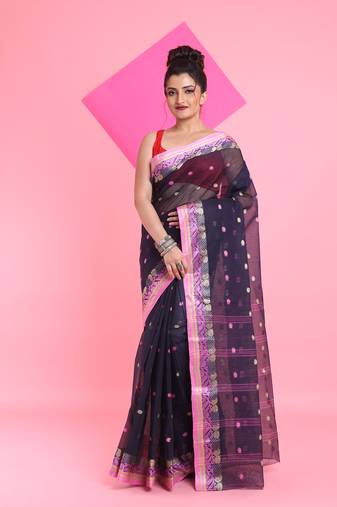 Navy Blue Pure Cotton Tant Saree With Woven Designs Without Blouse