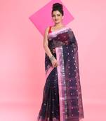 Navy Blue Pure Cotton Tant Saree With Woven Designs Without Blouse