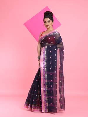 Navy Blue Pure Cotton Tant Saree With Woven Designs Without Blouse 2