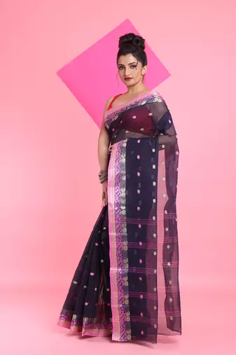 Navy Blue Pure Cotton Tant Saree With Woven Designs Without Blouse