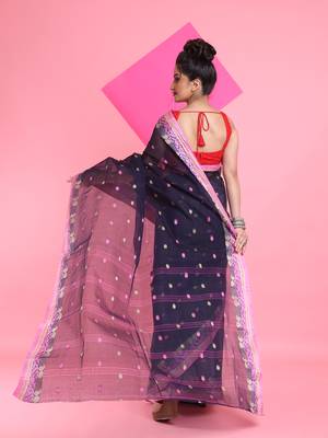 Navy Blue Pure Cotton Tant Saree With Woven Designs Without Blouse 3