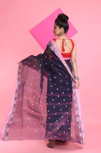 Navy Blue Pure Cotton Tant Saree With Woven Designs Without Blouse