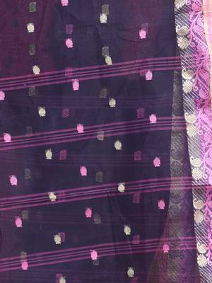 Navy Blue Pure Cotton Tant Saree With Woven Designs Without Blouse 4