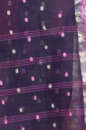 Navy Blue Pure Cotton Tant Saree With Woven Designs Without Blouse