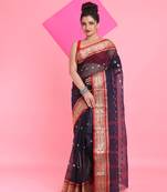 Navy Blue Pure Cotton Tant Saree With Woven Designs Without Blouse