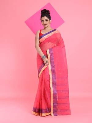 Fuchsia Pure Cotton Tant Saree With Woven Designs Without Blouse 1