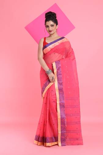 Fuchsia Pure Cotton Tant Saree With Woven Designs Without Blouse