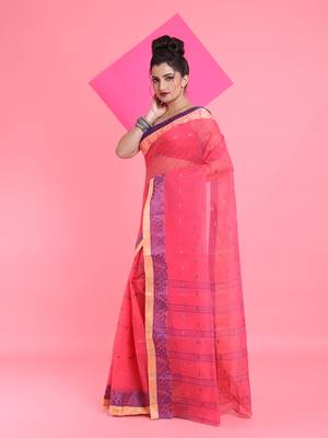 Fuchsia Pure Cotton Tant Saree With Woven Designs Without Blouse 2