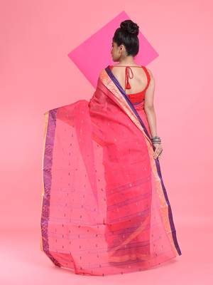 Fuchsia Pure Cotton Tant Saree With Woven Designs Without Blouse 3