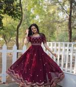 Wine Georgette Gold Sequin Embroidered Long Kurti for Women