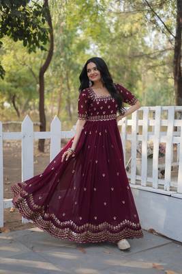 Wine Georgette Gold Sequin Embroidered Long Kurti for Women 3