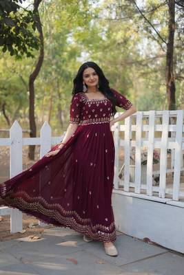 Wine Georgette Gold Sequin Embroidered Long Kurti for Women 4