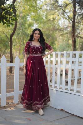 Wine Georgette Gold Sequin Embroidered Long Kurti for Women 5