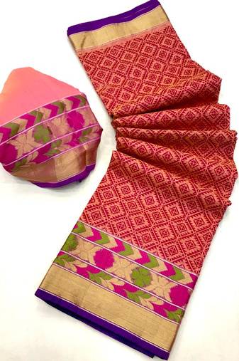 Koram Purple Cotton Silk And  Printed Design Sareee With Blouse For Women