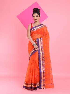 Orange Pure Cotton Tant Saree With Woven Designs Without Blouse 1
