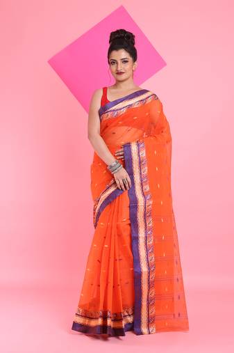 Orange Pure Cotton Tant Saree With Woven Designs Without Blouse