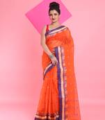 Orange Pure Cotton Tant Saree With Woven Designs Without Blouse
