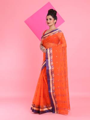 Orange Pure Cotton Tant Saree With Woven Designs Without Blouse 2