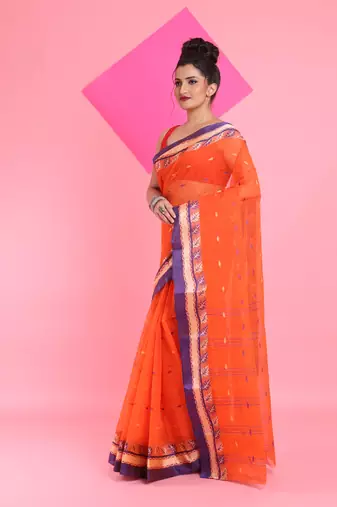 Orange Pure Cotton Tant Saree With Woven Designs Without Blouse