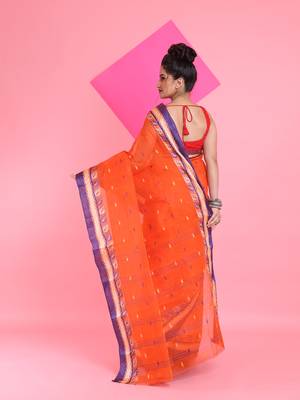 Orange Pure Cotton Tant Saree With Woven Designs Without Blouse 3