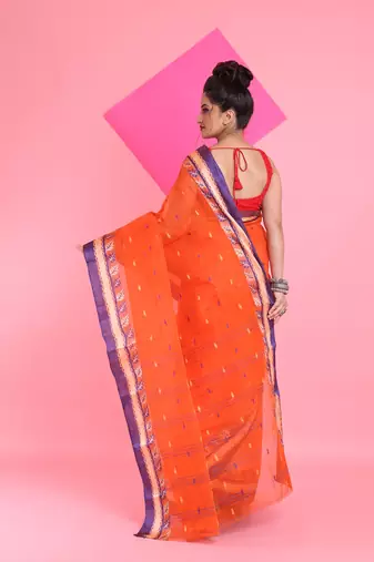 Orange Pure Cotton Tant Saree With Woven Designs Without Blouse