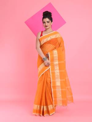 Orange Pure Cotton Tant Saree With Woven Designs Without Blouse 1
