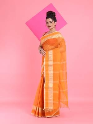 Orange Pure Cotton Tant Saree With Woven Designs Without Blouse 2