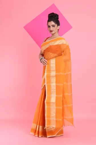 Orange Pure Cotton Tant Saree With Woven Designs Without Blouse
