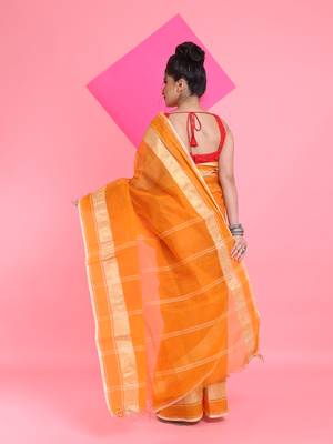 Orange Pure Cotton Tant Saree With Woven Designs Without Blouse 3