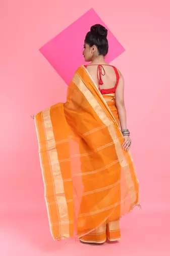 Orange Pure Cotton Tant Saree With Woven Designs Without Blouse