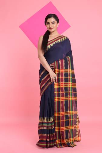 Navy blue cotton handspun saree with temple borders