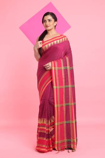 Fuchsia cotton handspun saree with temple borders