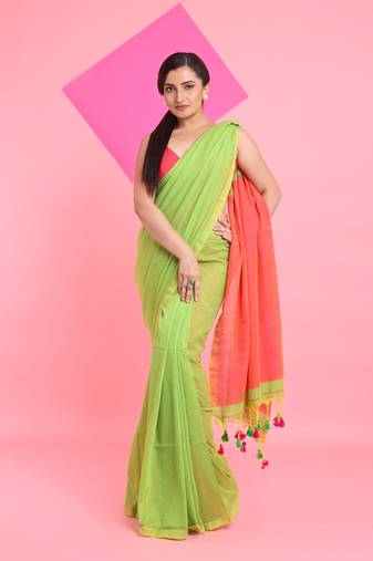 Parrot green cotton handspun soft saree with contrast orange pallu