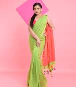 Parrot green cotton handspun soft saree with contrast orange pallu