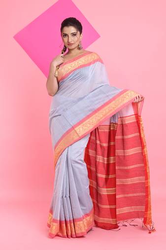 Steel grey cotton silk saree with nakshi borders