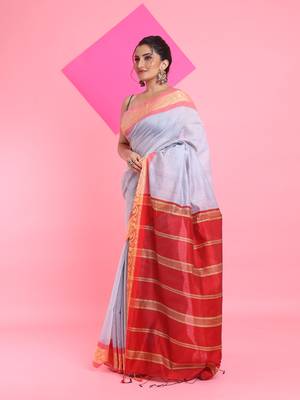 Steel grey cotton silk saree with nakshi borders 2