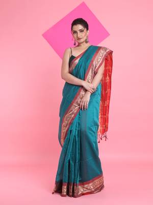 Teal cotton silk saree with nakshi borders 1