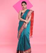 Teal cotton silk saree with nakshi borders