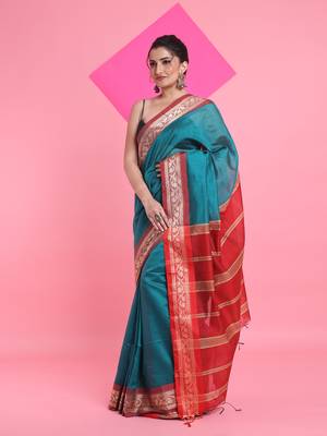 Teal cotton silk saree with nakshi borders 2