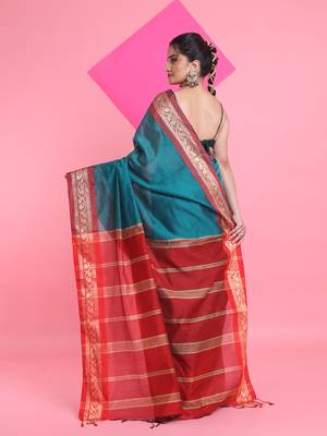 Teal cotton silk saree with nakshi borders 3
