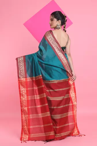 Teal cotton silk saree with nakshi borders