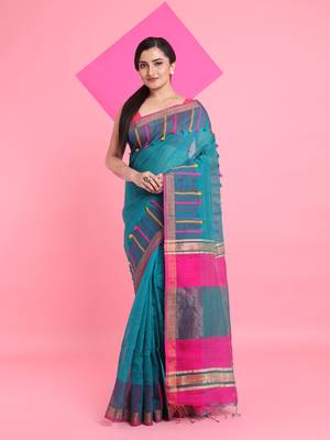 Teal cotton silk saree with check designs 1