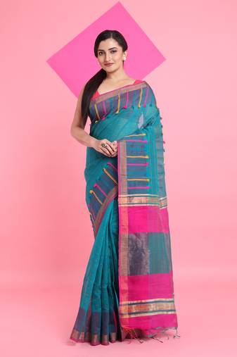 Teal cotton silk saree with check designs
