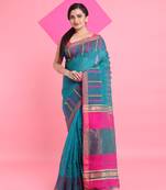 Teal cotton silk saree with check designs