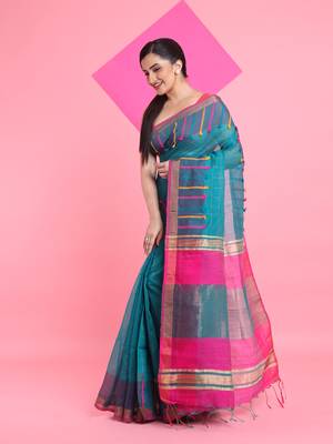 Teal cotton silk saree with check designs 2