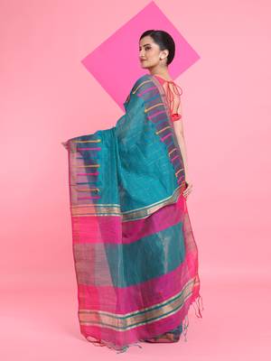 Teal cotton silk saree with check designs 3