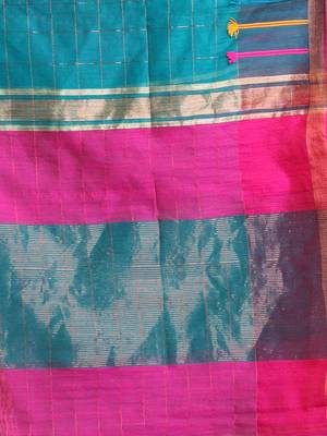 Teal cotton silk saree with check designs 4