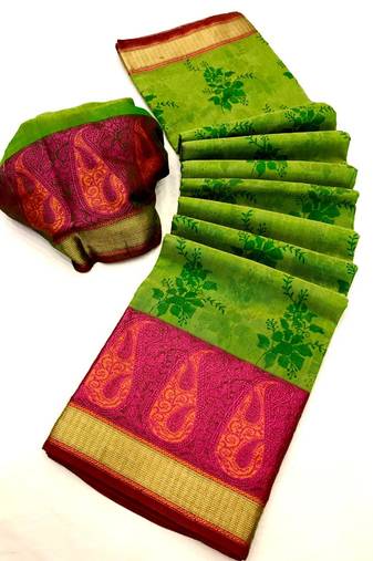 Koram Green Cotton Silk And  Printed Design Sareee With Blouse For Women