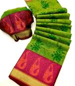 Koram Green Cotton Silk And  Printed Design Sareee With Blouse For Women