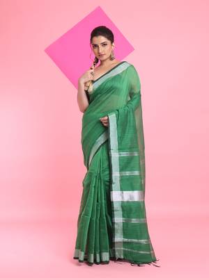 Green cotton silk saree with zari woven stripes pallu 1